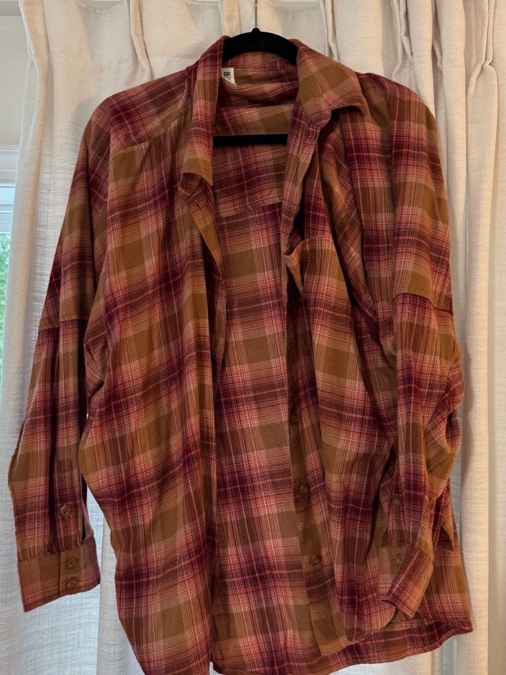 bp Boyfriend Plaid Button-Down Shirt in reddish pink and brown